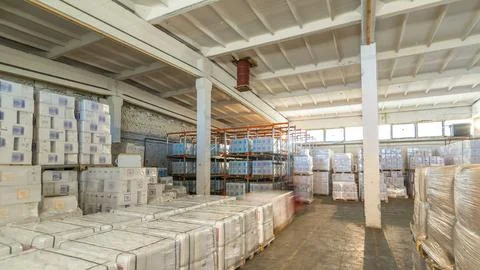 Forklift loader and cargo boxes storing at warehouse timelapse hyperlapse Stock Photos