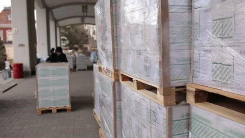 Forklift loader cargo boxes storing warehouse. Worker fork pallet truck stacker Stock-Footage 174959134