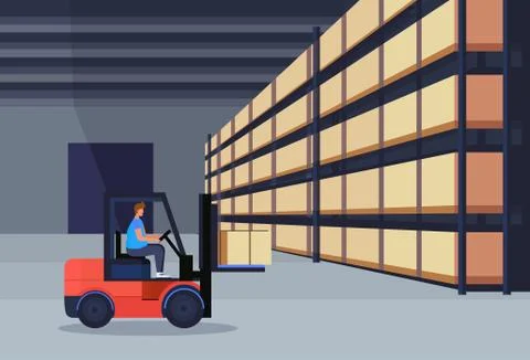 Forklift loader working warehouse interior parcel box on rack logistic delivery Stock Illustration