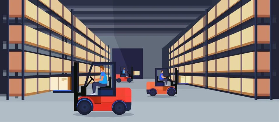 Forklift loader working warehouse interior parcel box on rack logistic delivery Stock Illustration