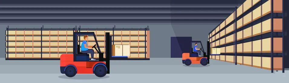 Forklift loader working warehouse interior parcel box on rack logistic delivery 库存插图
