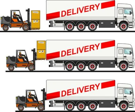 Forklift loading boxes into a truck, van isolated on white background Stock Illustration