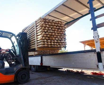 Forklift loading a bundle of pointed wooden stakes onto a truck trailer Fotos de archivo