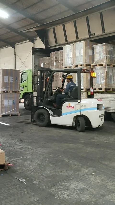 Forklift Loading Cargo onto Truck in Warehouse Stock Footage 303370041