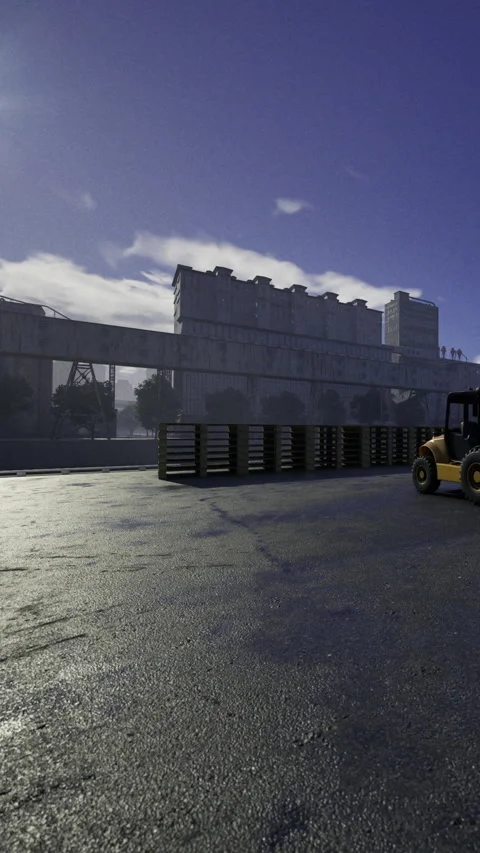 Forklift at loading dock near industrial building on clear day Stock Footage 331663823