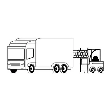 Forklift loading pvc pipe in cargo truck in black and white Ilustración de archivo