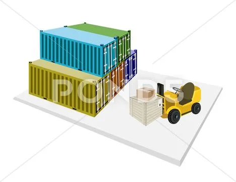 Forklift loading shipping boxes into freight containers Stock Illustration