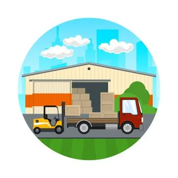 Forklift Loads or Unloads Boxes from a Lorry Stock Illustration