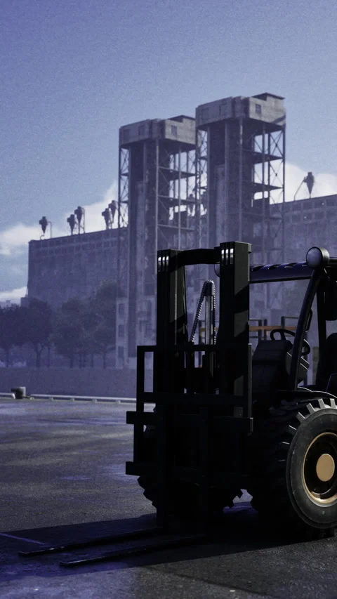 Forklift operates near construction site with workers overseeing project Stock Footage 331681195