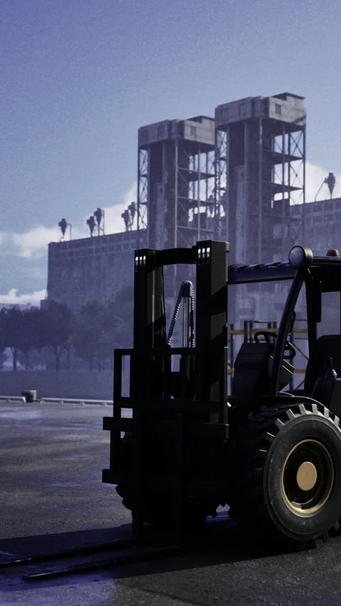 Forklift operates near construction site with workers overseeing project Stock Footage 335452699