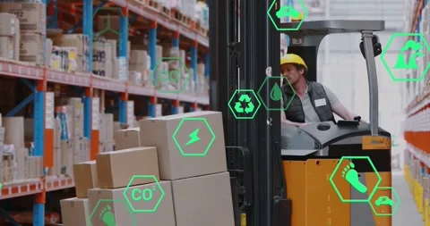 Forklift operator checking clearance, nudging pallet in warehouse, green hex Video stock 331789956