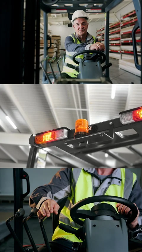 Forklift Operator Driving and Operating Warehouse Forklift. Stock Footage 345781883