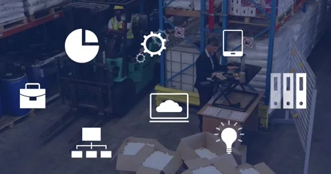 Forklift operator entering aisle while manager checking laptop, overlay icons Video stock 328418125
