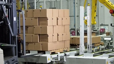 Forklift operator. Lifting palette while robotic arm loads boxes Stock Footage 101976001