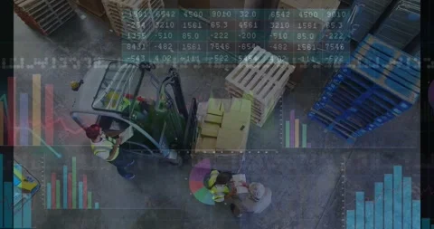 Forklift operator lifting pallet as charts showing warehouse inventory and Stock Footage 330479317