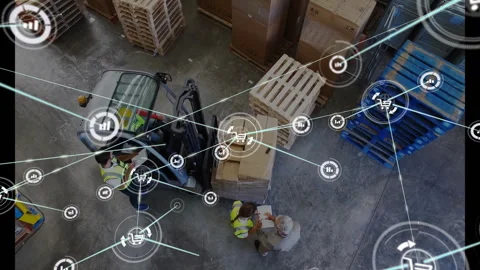 Forklift operator lifting pallet, worker checking clipboard, generating overlay Video stock 310325346