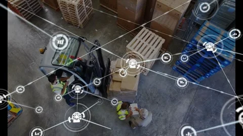Forklift operator moving pallet in warehouse, movement starting node network Stock Footage 330143176