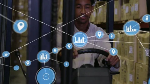 Forklift operator navigating aisle and activating floating data nodes mapping Stock Footage 309681685