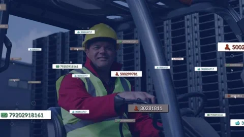 Forklift operator operating controls at dock, app streaming tags crowding near Stock Footage 333019168