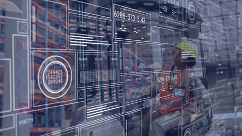 Forklift operator reacting to live warehouse updates, adjusting forks while HUD Stock Footage 333234095