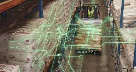 Forklift operator receiving AR guidance in logistics center, optimizing pallet Stock Footage 310385395