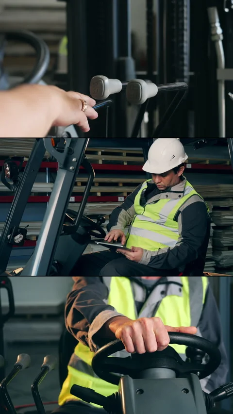 Forklift Operator Using Controls and Tablet Inside Warehouse. Stock Footage 345781729