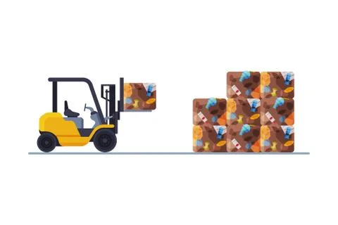 Forklift Packaging Garbage into Stacks, Waste Collection, Transportation and イラスト素材