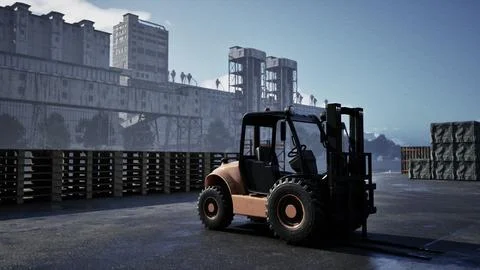 Forklift Parked in Front of Large Building Ilustración de archivo
