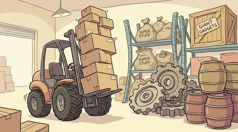 Forklift stacking giant boxes in a busy warehouse full of products Stock Illustration