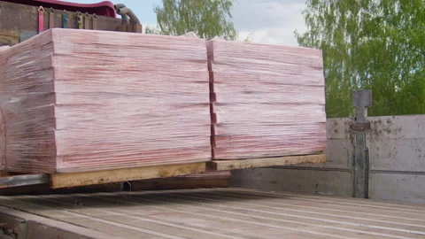 Forklift transporting packaged red bricks Stock Footage 158925458