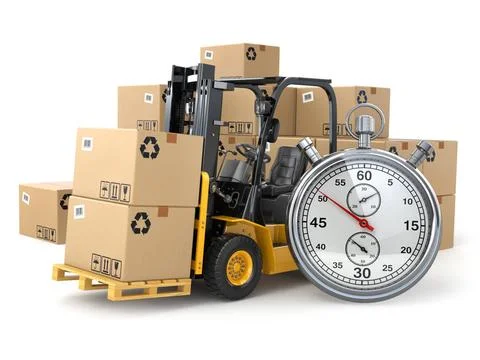 Forklift truck with boxes and stopwatch .Express delivery concept. Forklif... Stock Photos