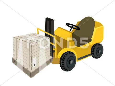 A forklift truck loading a shipping box with plastic wrap Stock Illustration