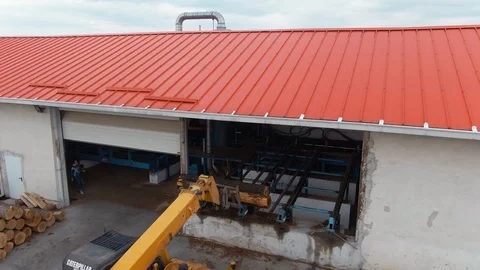 Forklift Truck Loading Tree Logs in Sawmill Factory Aerial Drone View 스톡 동영상 127623788