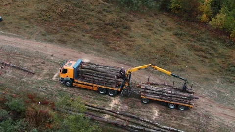 Forklift Truck Operator Moving Tree Logs in Sawmill Factory Aerial Drone View Vídeo Stock 127623973