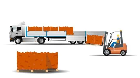 A forklift unloads a machine with building bricks on potdons, side view 库存插图