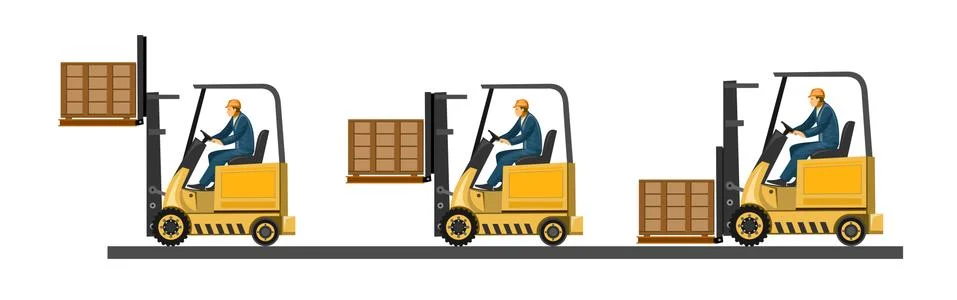 Forklift. Vector. Loading boxes, bricks, stones, barrels, cardboard packaging Stock Illustration