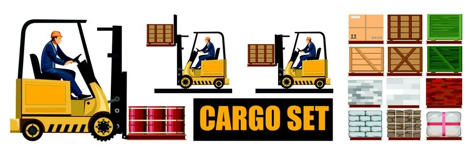 Forklift. Vector. Loading boxes, bricks, stones, barrels, cardboard packaging Illustrazione stock
