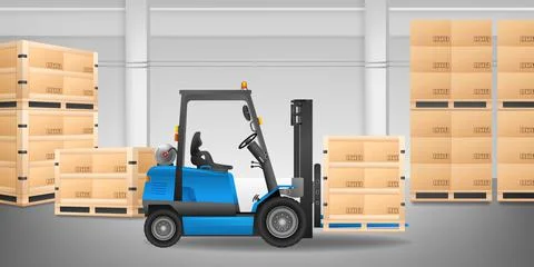 Forklift in warehouse with many boxes on a pallet vector illustration. Illustrazione stock