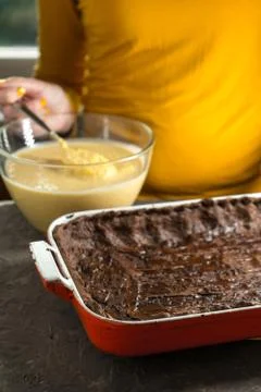 Form for baking with dough and stuffing from pumpkin close-up Stock Photos