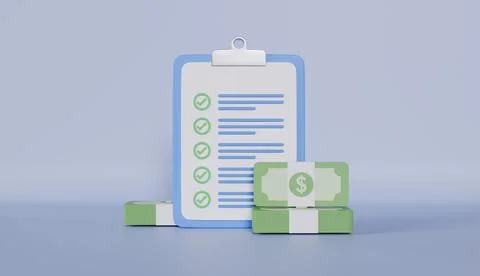 Form with filled elements and a stack of dollars, finance analyst Stock Illustration
