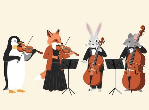 Formal animal string quartet. A penguin, fox, rabbit, and mouse play violin.. Stock Illustration