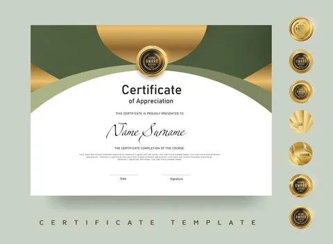 Formal certificate design featuring green and gold semi circle layout with .. Stock Illustration