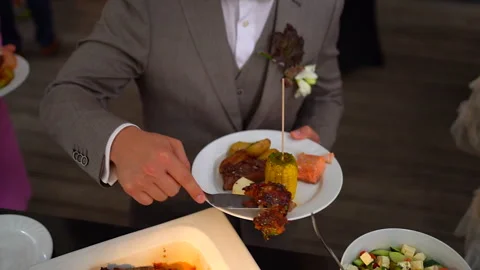 Formal Dining Setting With Plate Of Grilled Meats And Vegetables Stock Footage 294979473