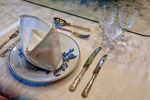 Formal Dining Table Place Setting and Centerpiece at Knightshayes Court Stock Photos