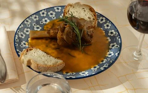 Formal Dinner with Meat and Red Wine Stock Photos