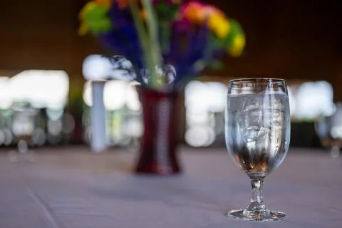 Formal dinner setting placement with an ice water glass and flower arrangement. Foto stock