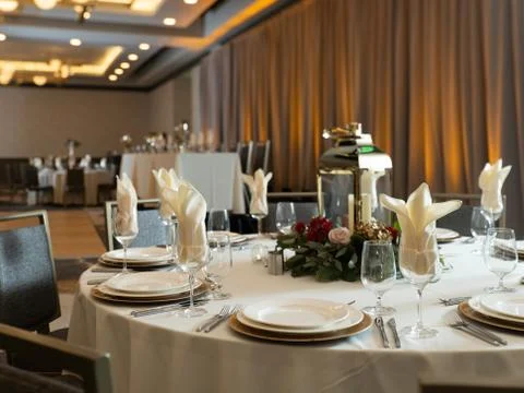 Formal dinner wedding table with place settings Stock Photos