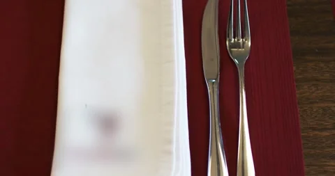 Formal Place Setting with Cutlery on Red Tablecloth, Dining Table, Close Up Stock Footage 340322065
