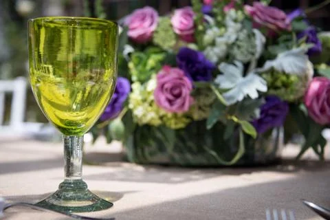 Formal table setting for a wedding with flowers Stock Photos