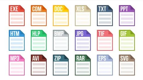 Format File Vector. Various Pictogram File Format Type. Software Label. Flat Ilustración de archivo